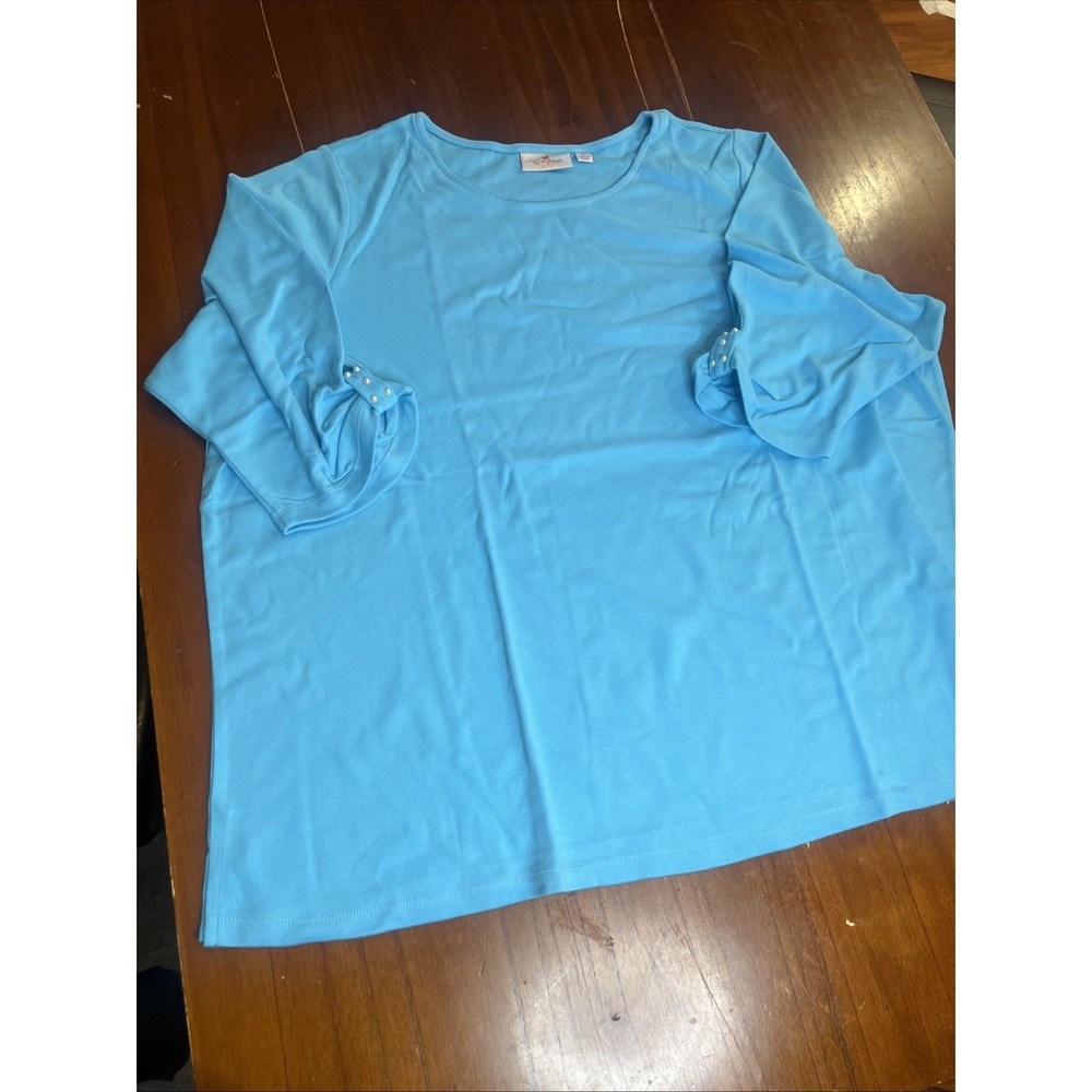 Quacker Factory T-Shirt Womens 3X ‎ Blue Beaded 3/4 Sleeve